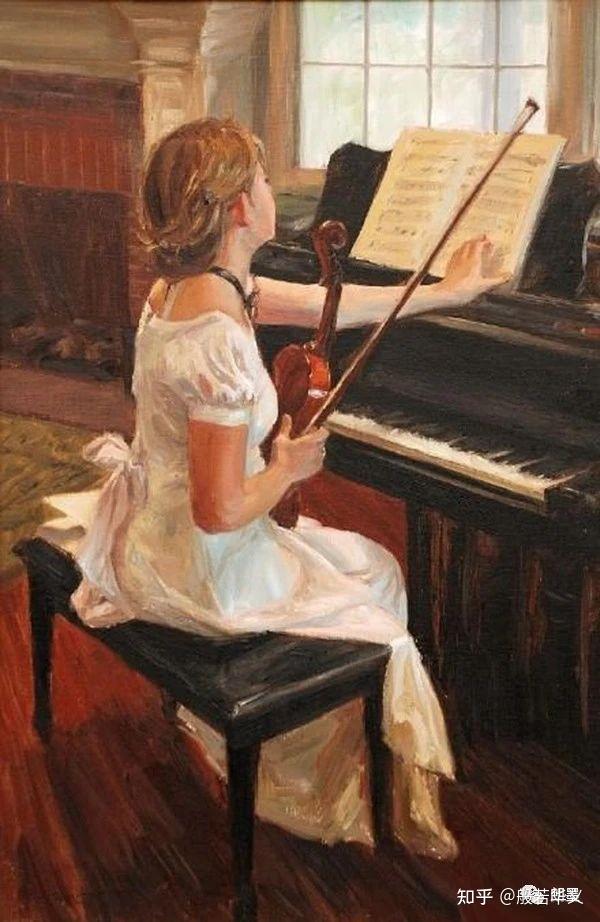 坐在钢琴前的女子油画图片