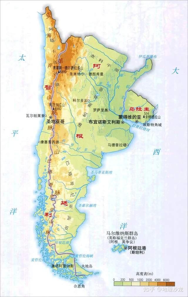 阿根廷,乌拉圭和智利地形图阿根廷位于南美洲南部,是南美洲国土面积第