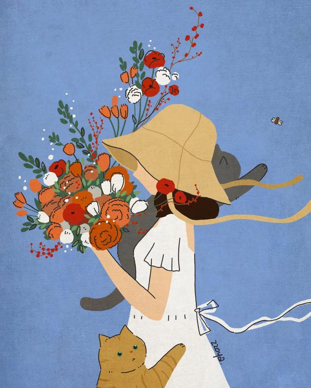 很治愈鲜花猫猫和藏在花束后的少女