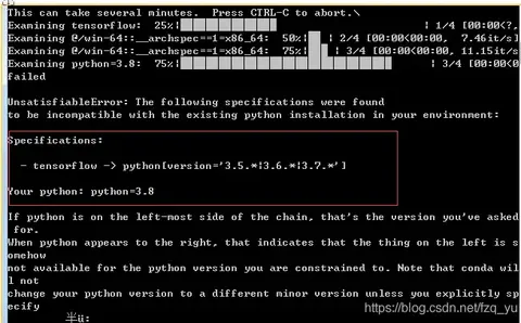 conda安装TensorFlow时提示solving environment：failed with initial frozen