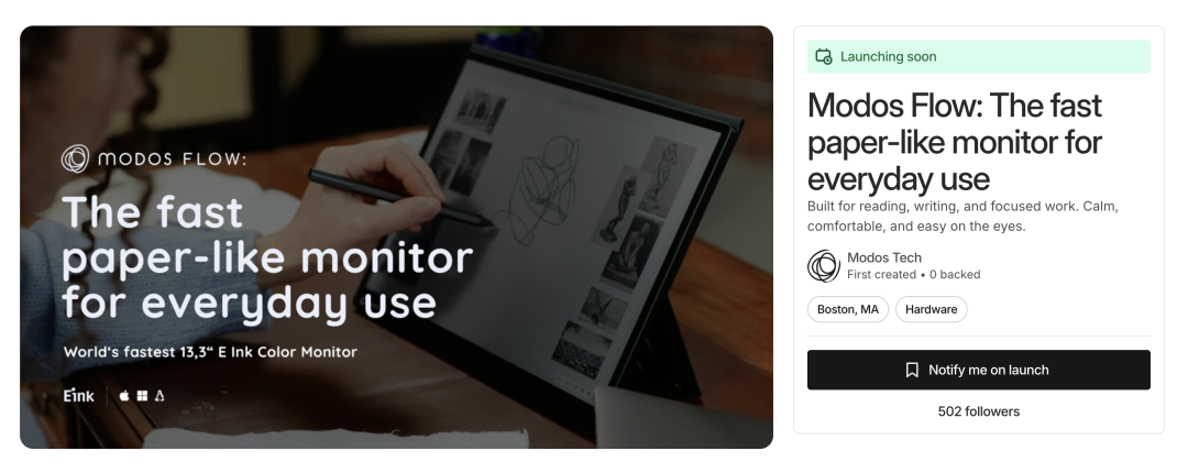 modos tech 首款高刷低延迟墨水屏显示器定名 flow,即将在 kickstarter 开始众筹