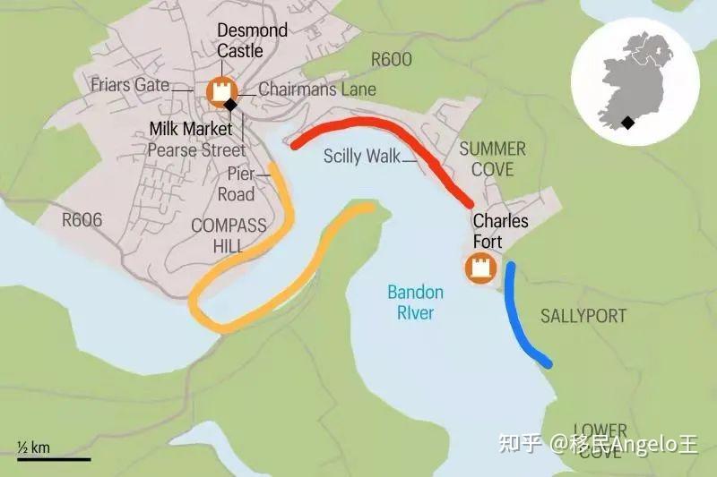 移民爱尔兰绿色之路科克小镇上的海滨步道