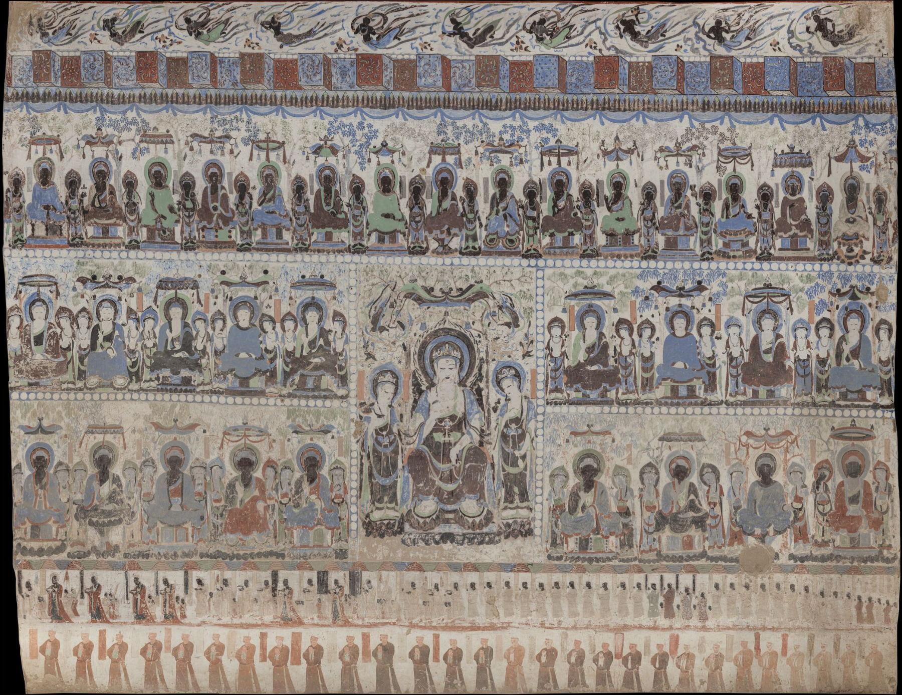 神游千年大美敦煌隋390窟壁画满壁诸佛排列飞天绕窟环行高清大图下