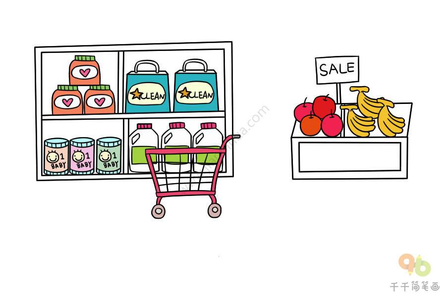超市购物篮的简笔画图片