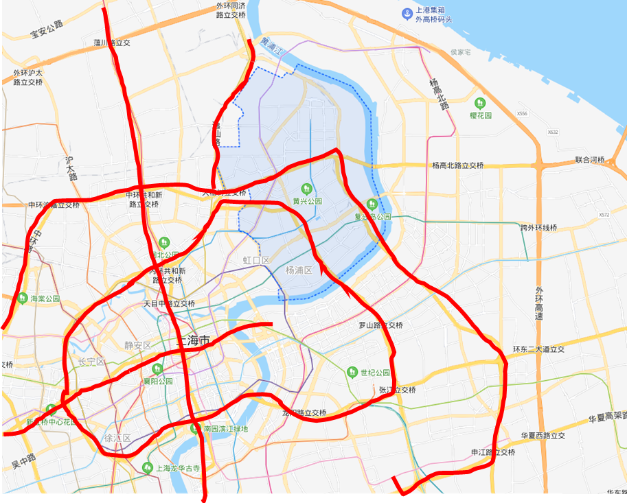 以延安高架和南北高架为坐标轴,将上海中环内区域划分成4个象限.