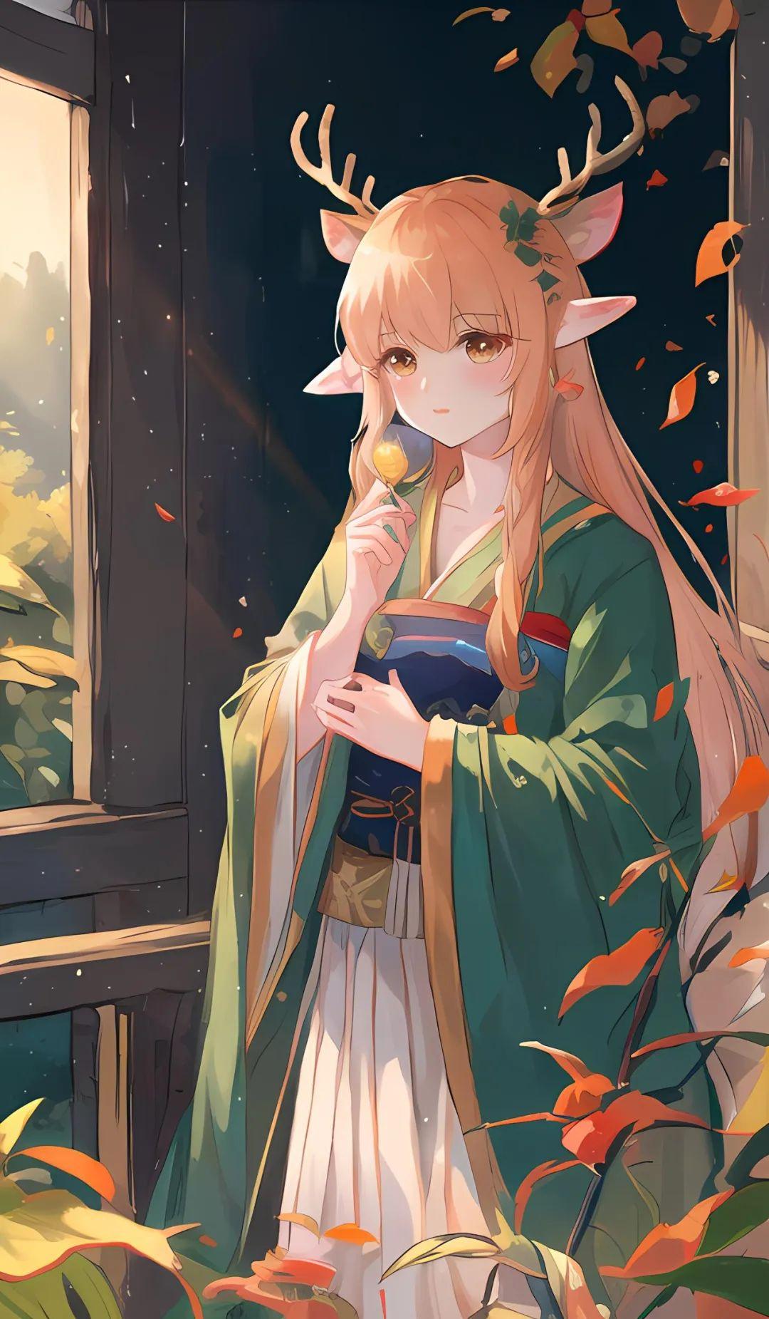 倍数2画面描述:高画质,杰作,精美的cg,白色头发的古风少女,头上有鹿角