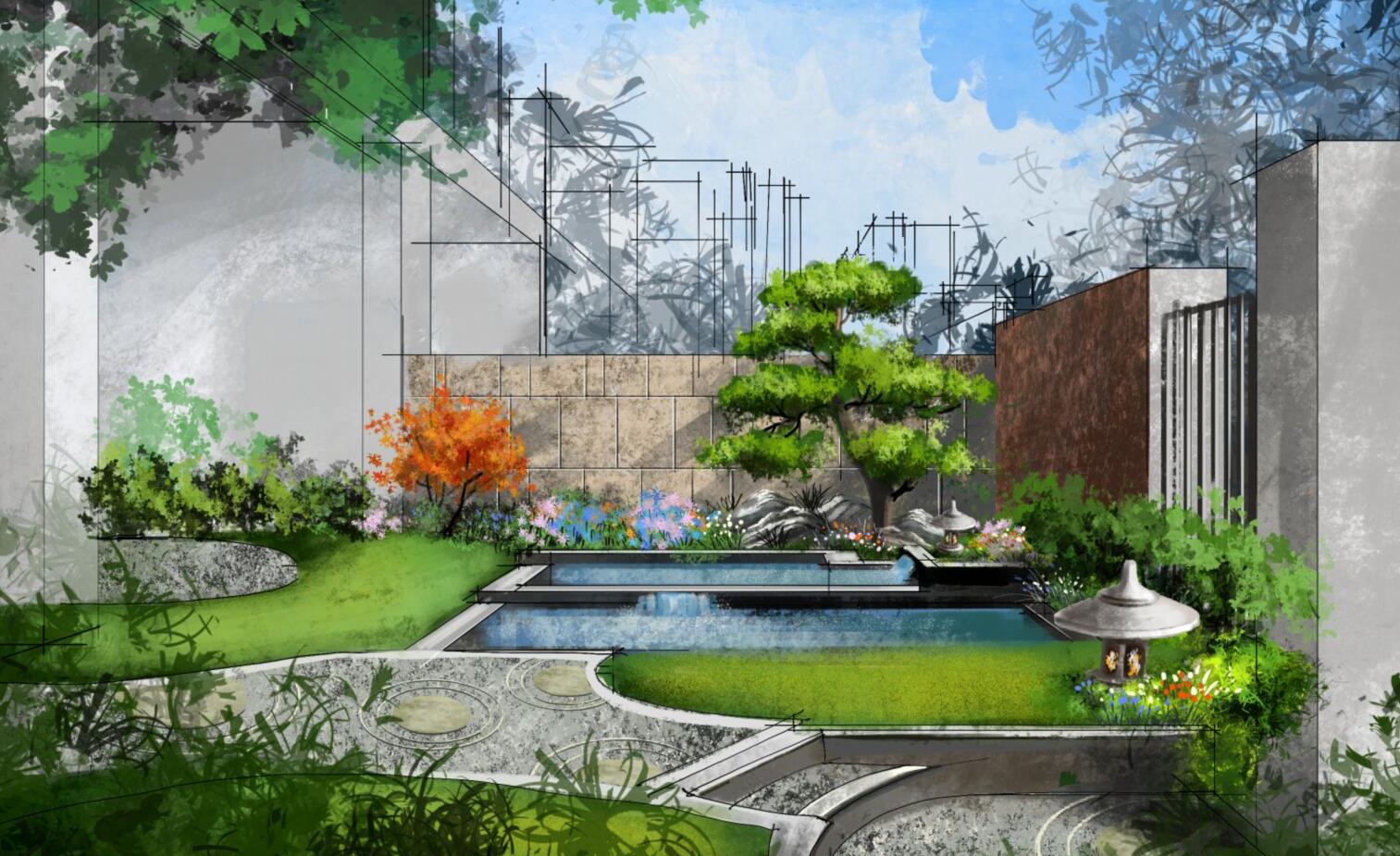 ipadprocreate手绘教程庭院夜景手绘