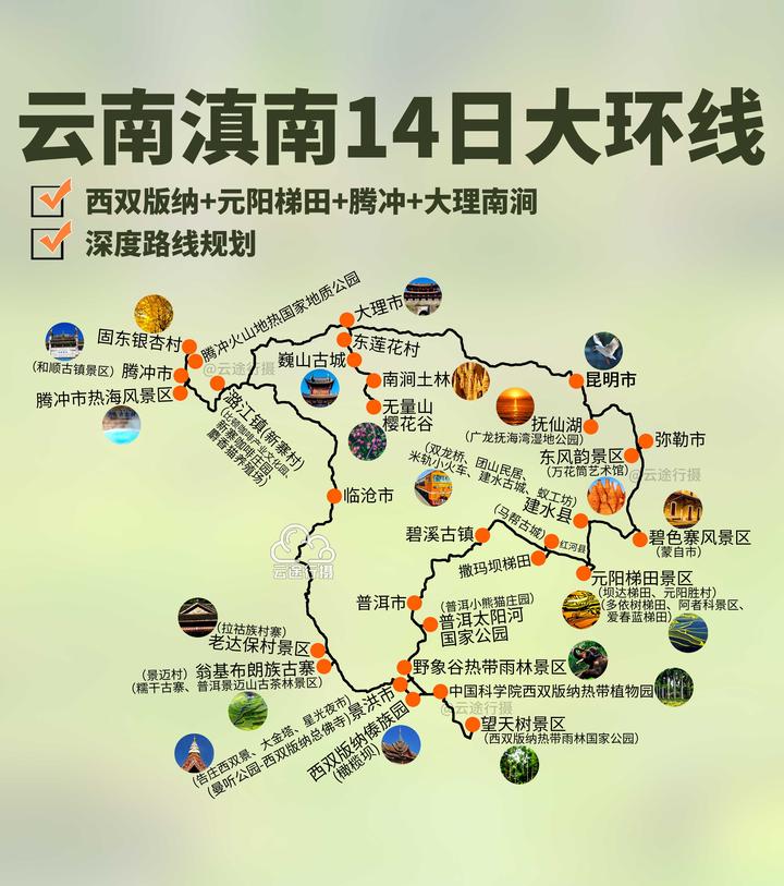 雲南滇南全景14日深度大環線旅遊路線圖攻略原創西雙版納元陽哈尼梯田