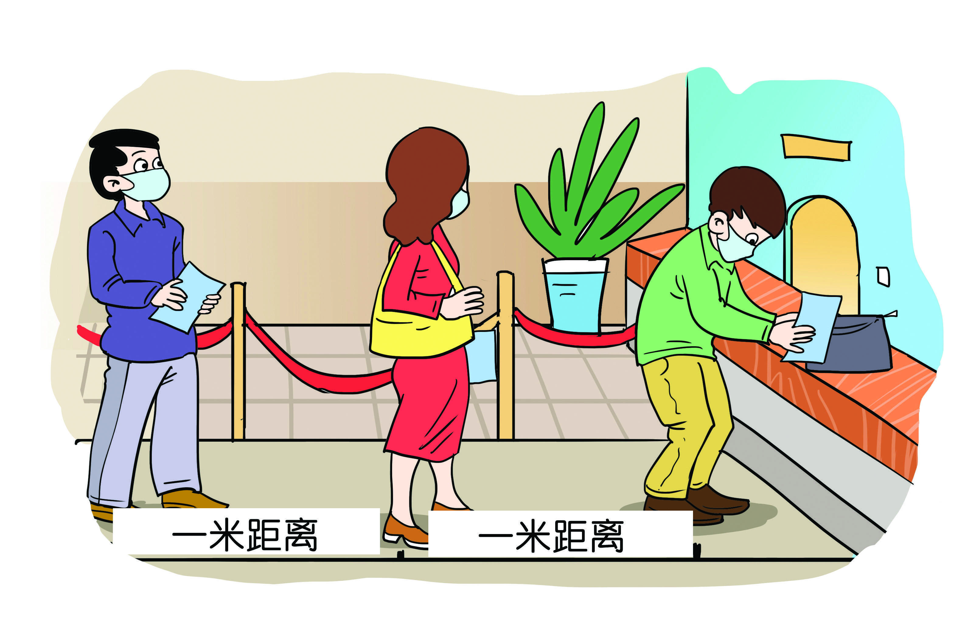 一米线外等候"标示或用喇叭提示,提醒市民在疫情防控期间保持安全距离