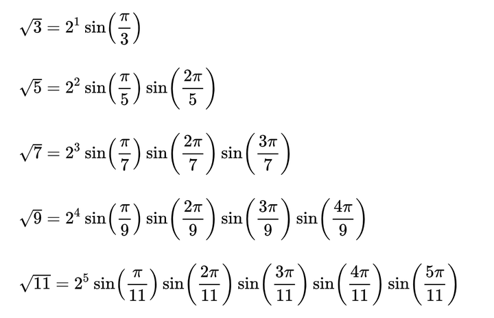 Sqrt 15 2 15 2 - 任意自然数n的平方根均可表示为不多于n-1个2sin(Pi*k/(2n))的乘积 - 知乎