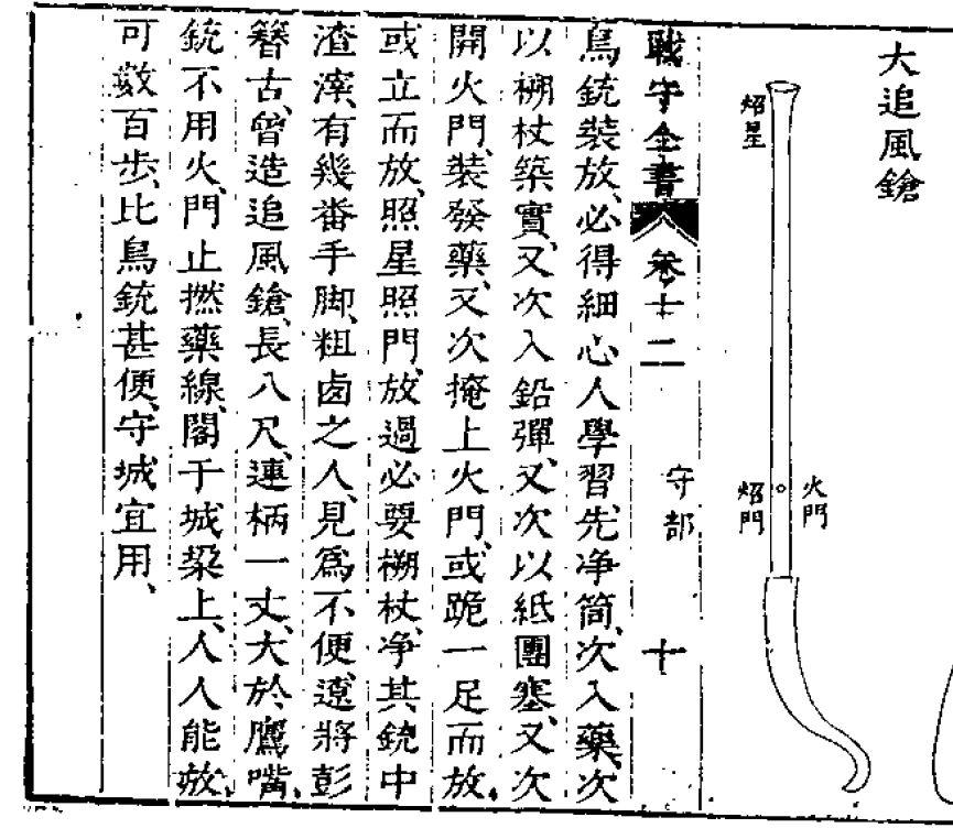 11米,大于鹰嘴铳,不用火门,止燃药线,使用时需要架在城垛上.