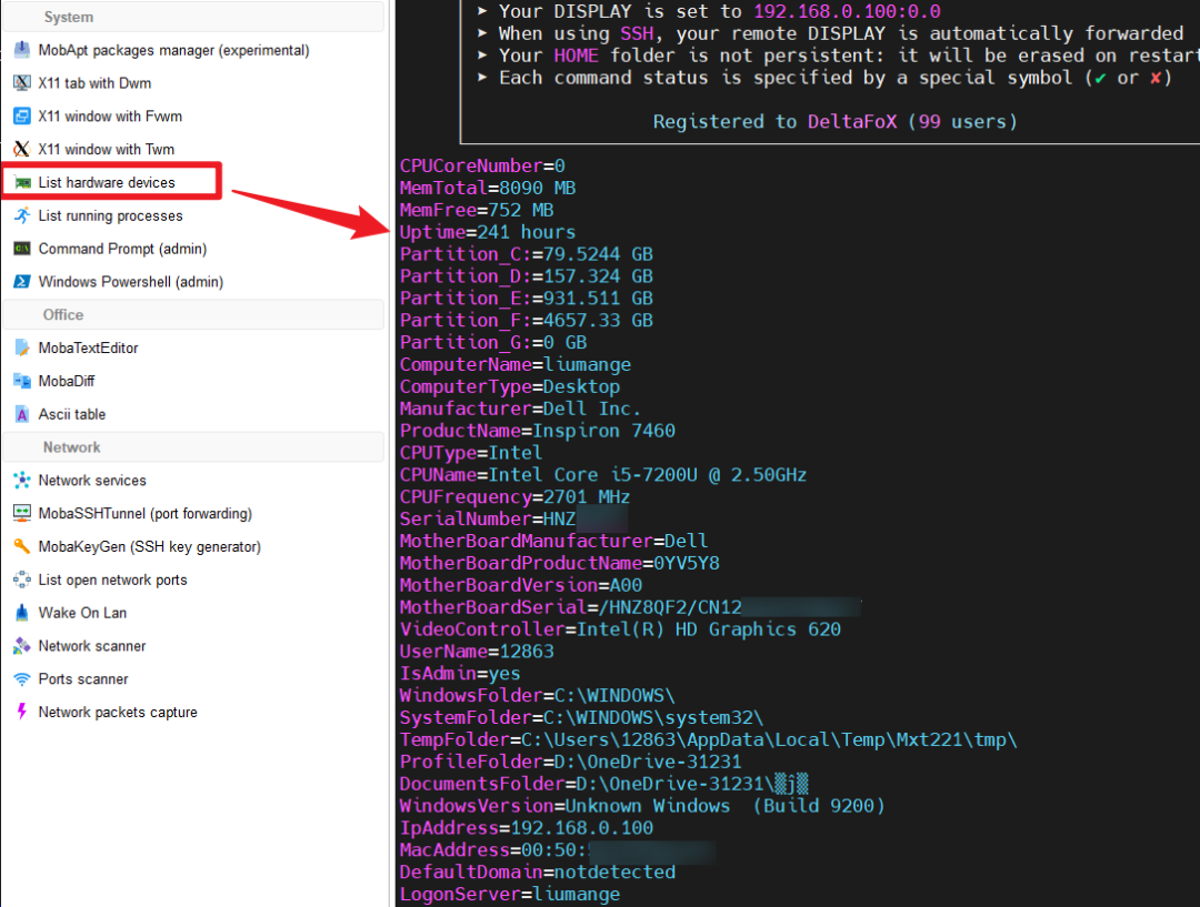 Mobaxterm list hardware devices 