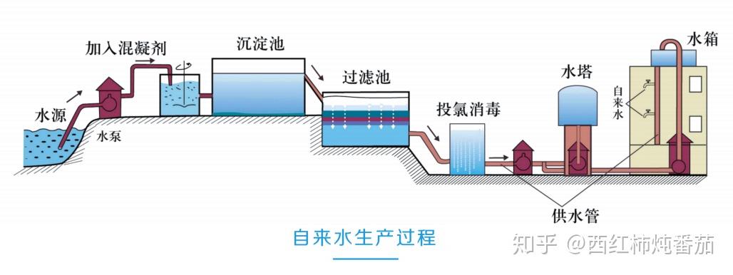要了解这一过程并不难:自来水厂用水泵从水源地抽水,然后经