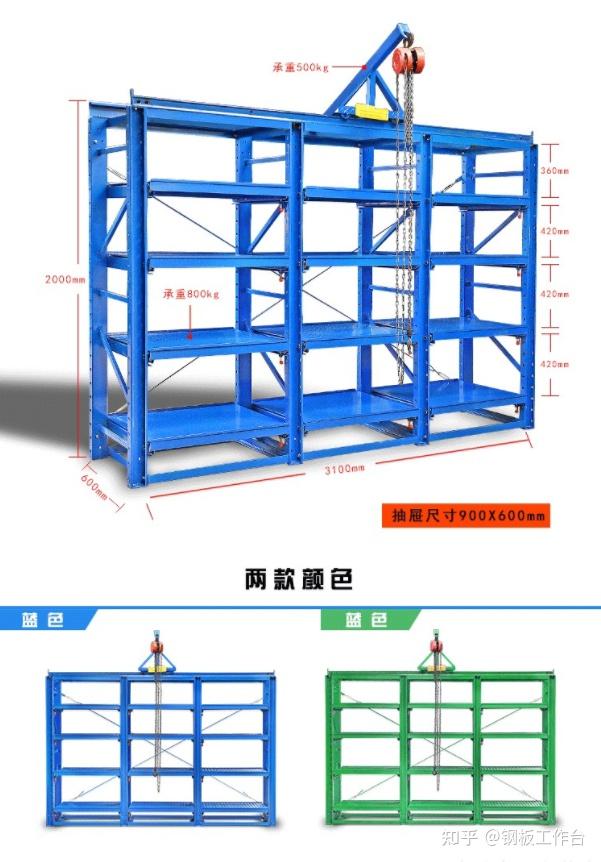 采用10#槽钢,立柱斜杠为25*25方通2,重型抽屉式模具货架产品特征同上