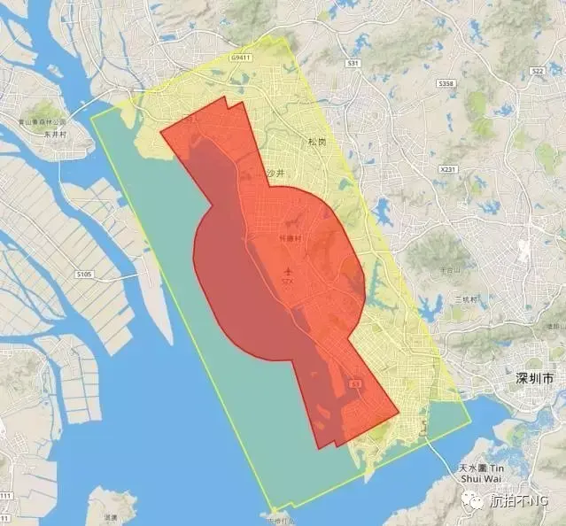 宝安机场无人机禁飞,限飞区,红色为禁飞区,黄色限高区以往各地的净空
