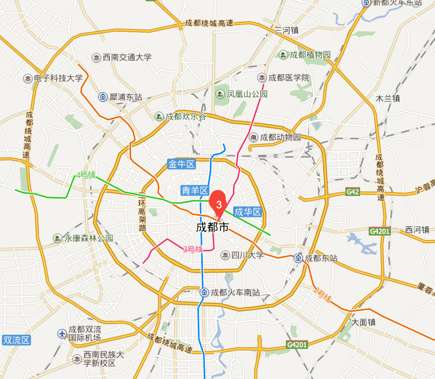 住:推荐住在春熙路商圈附近,春熙路位于成都的市中心(地图标红处为