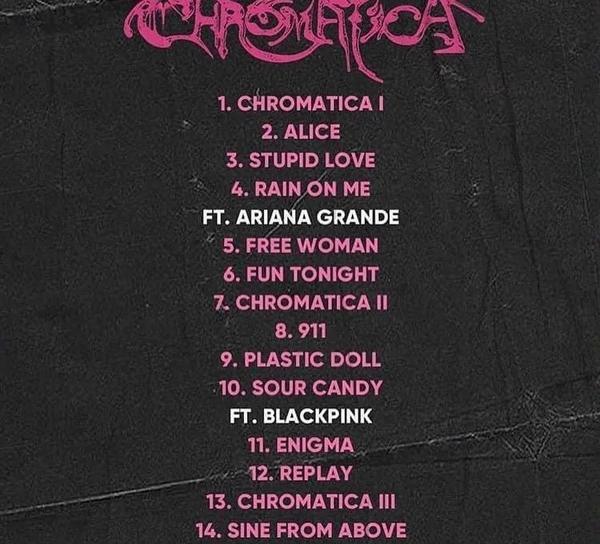 black pink在16首歌曲中排名第十,显示为"sour candy with black