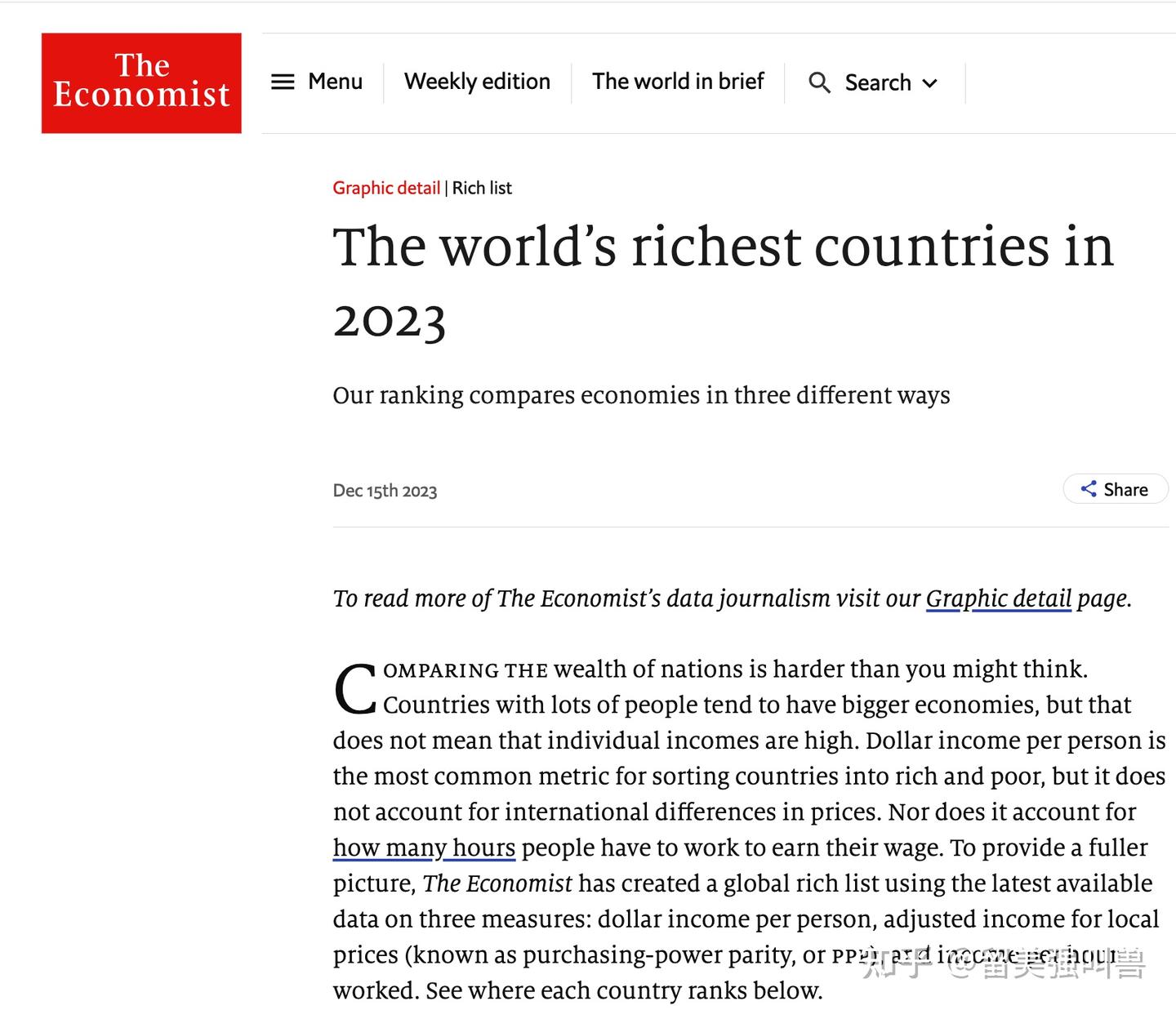 经济学人： 美国人均收入第7，调整物价第8，按工作时长第11 ； 中国人均第65 ，长工作第96 ；韩国人均第31  ，短假期第47；比利时、德国、瑞典、卢森堡低物价少工作；挪威每小时收入最高-