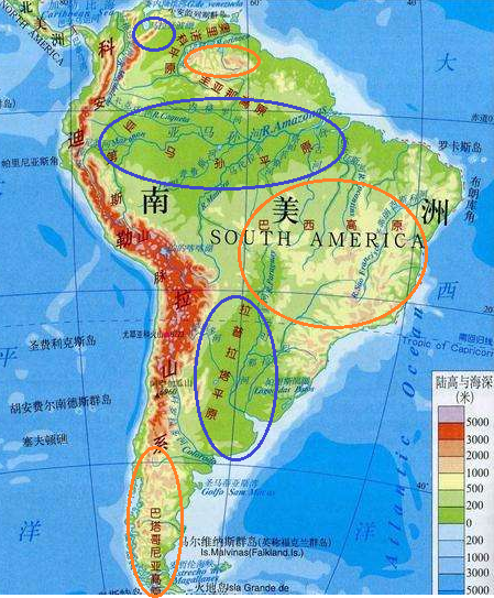 南美洲从北到南,平原和高原依次间隔分布