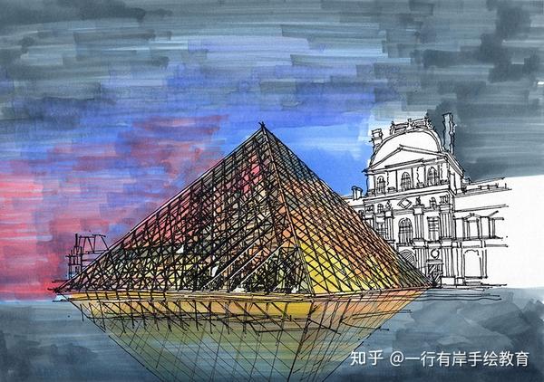 我与谢尔盖教授同画卢浮宫玻璃金字塔夜景