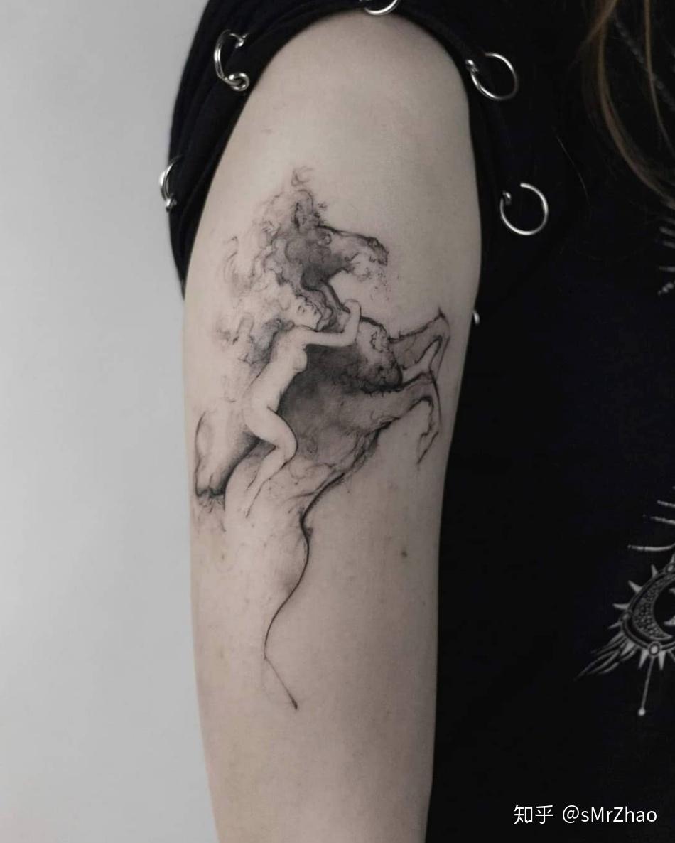 smrzhao纹身推荐第220期黑白水墨晕染肖像植物风中有朵雨做的云