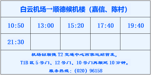 机场回顺德t2交通中心西客运站首发,t1b区5号门,12号门,10号门再顺延