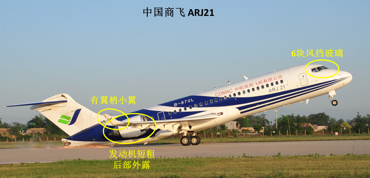 长条状 发动机后部外露fokker 机翼上有翼刀boeing717(md95)6块风挡