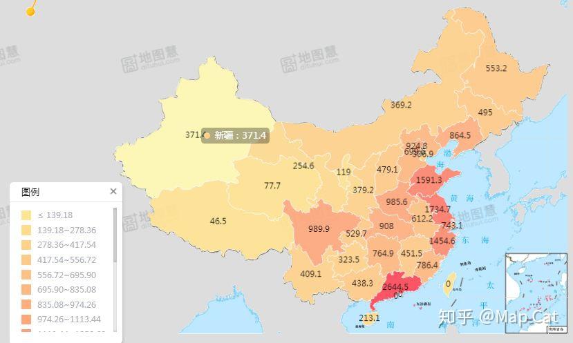 利用地图慧·大众制图分段设色模板,将各地区城市垃圾清运量数据进行