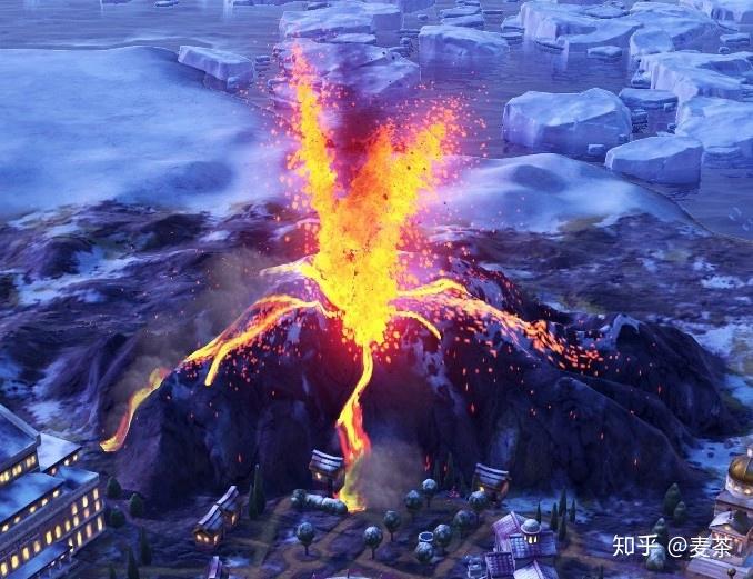 第一张游戏截图,最引人注目的即使画面中央喷发的活火山